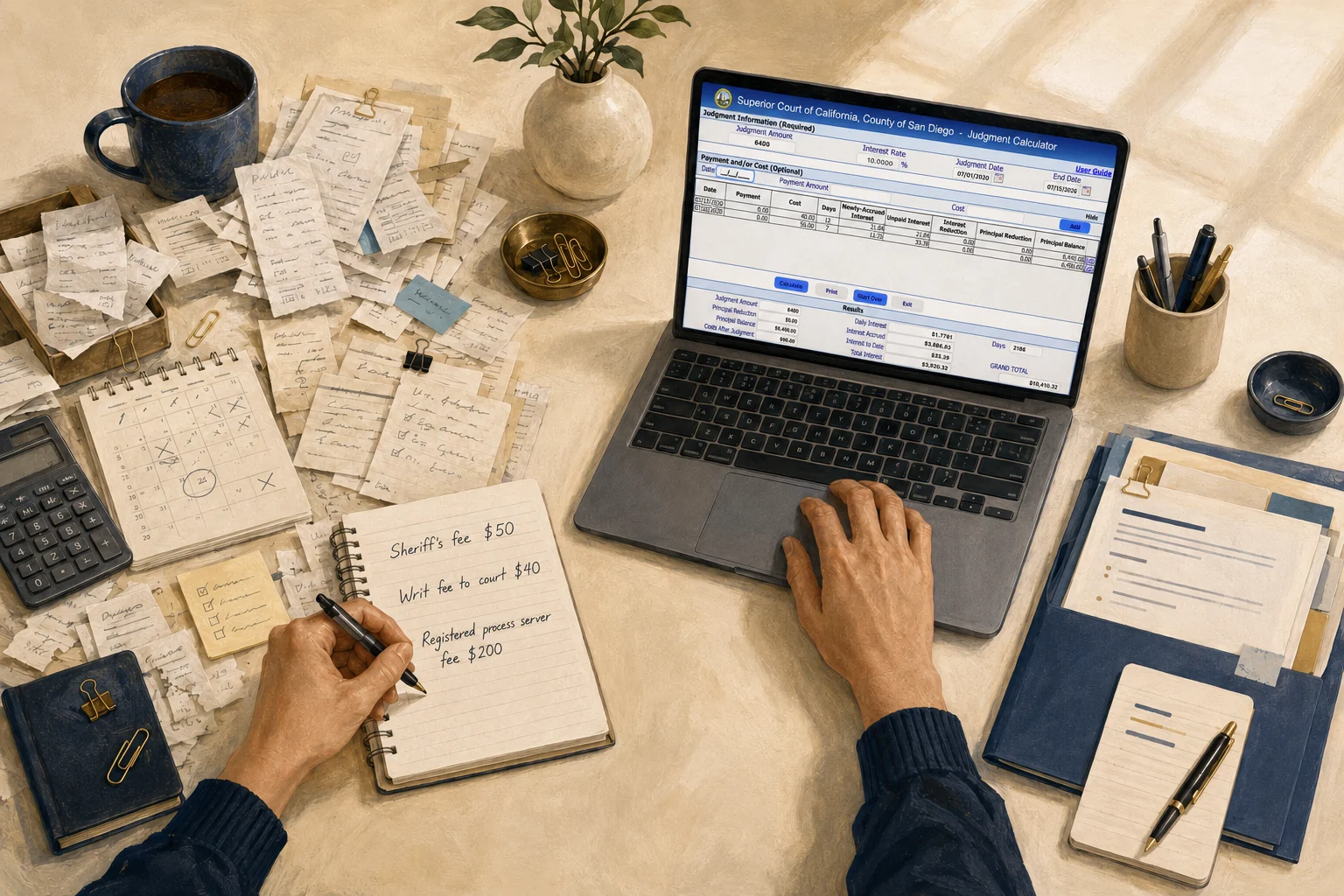 Illustration of handwritten enforcement costs beside the San Diego Superior Court Judgment Calculator on a laptop.